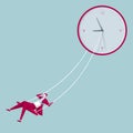 Businessman swinging. Hang on the clock.